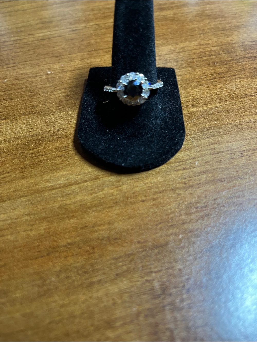 Silver Halo Ring with Dark Blue Center and Clear Accents - Women Jewelry